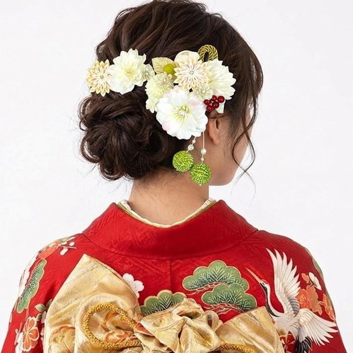 [Kiyomizu] Hair Ornament 3-Piece Set – Adult Ceremony – kk-057 – White – Tsumami-zaiku – Flower – White – Yellow-Green – One Size