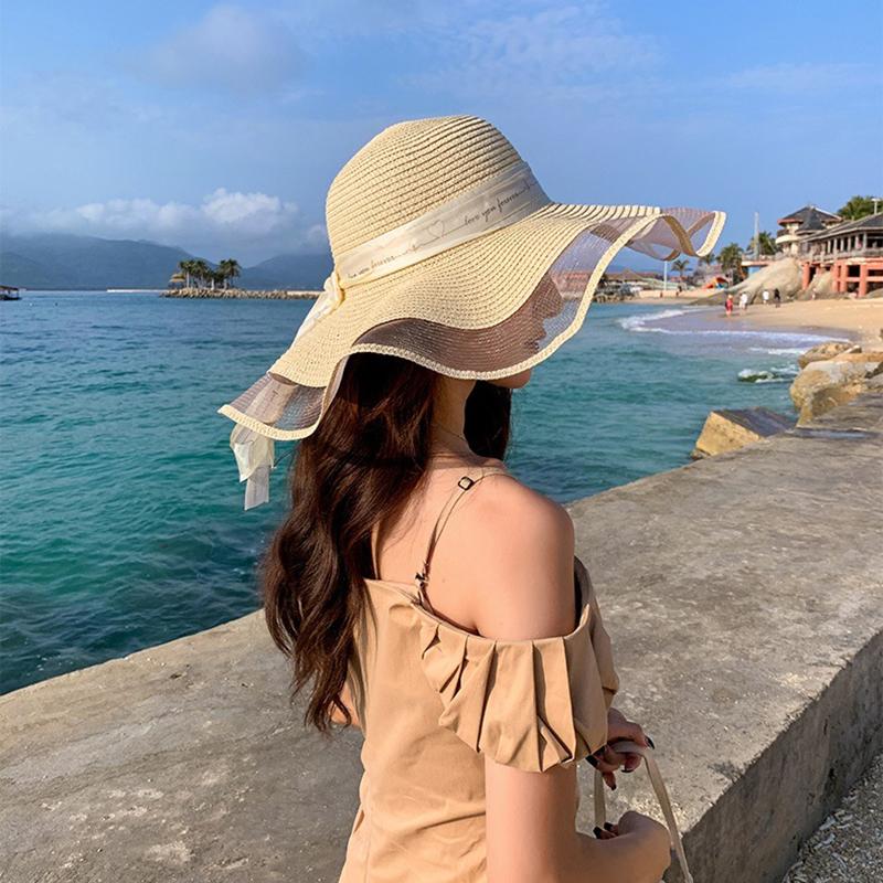 Fashion Flat-Topped Straw Hats Girls Wide Brim Sun Hat Outdoor Lace Bow Strap Lightweight Uv Protection Beach Cap
