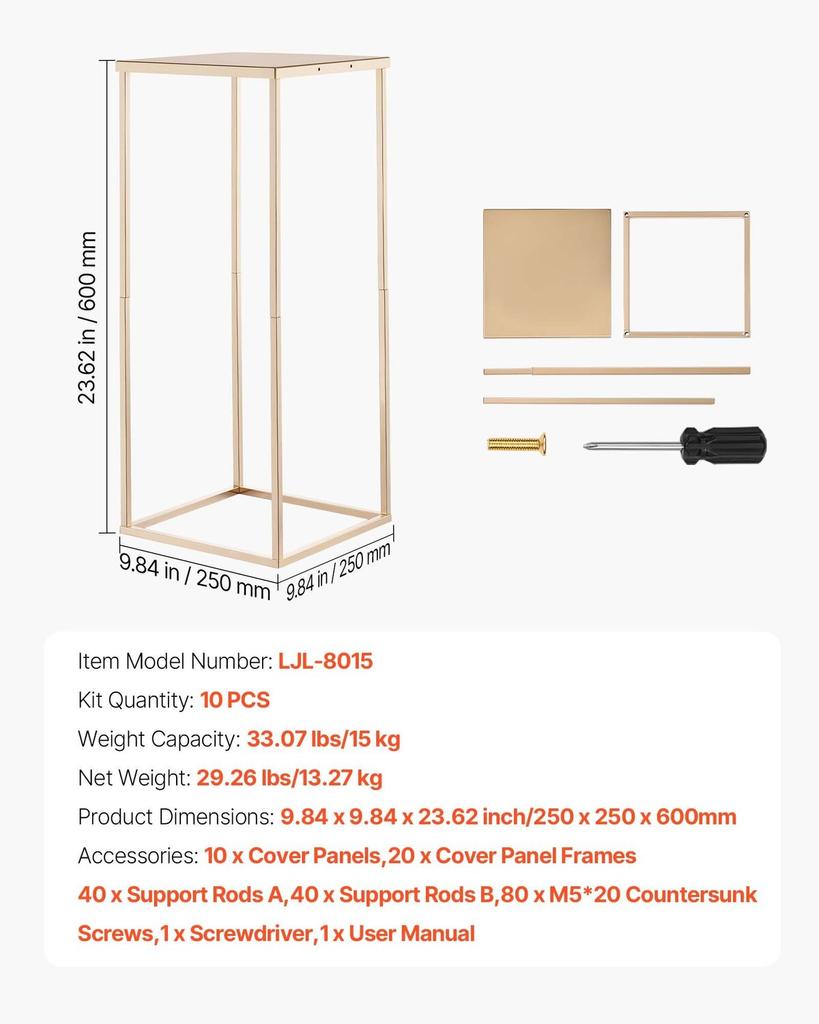 Wedding Flower Stand, 10PCS 60cm Column Flower Stand, Floral Stands with Metal Laminate, Gold Rectangular Floral Display Rack for Wedding, Party,