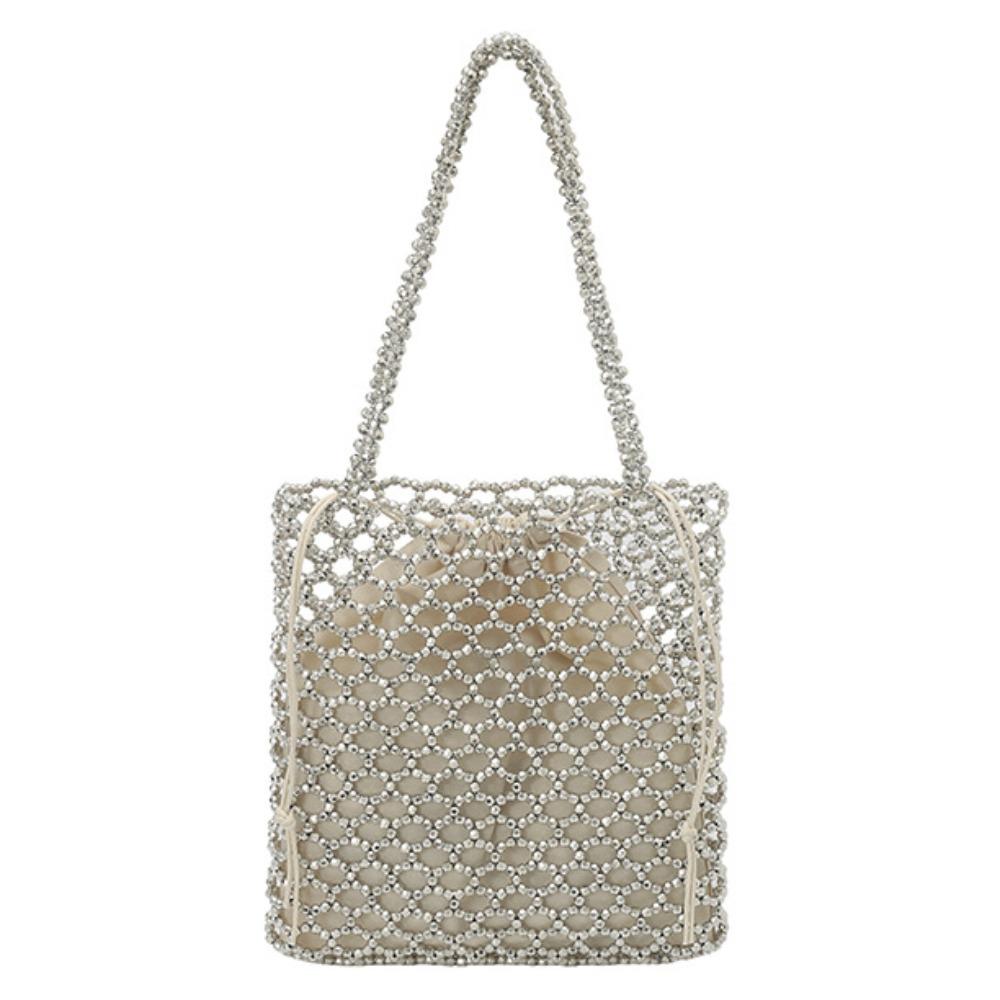 Hollow Out Design Pearl Beaded Tote Bag No Zipper with Inner Bag Square Handbag Beaded Texture Glittering Crystals PVC Beach Bag