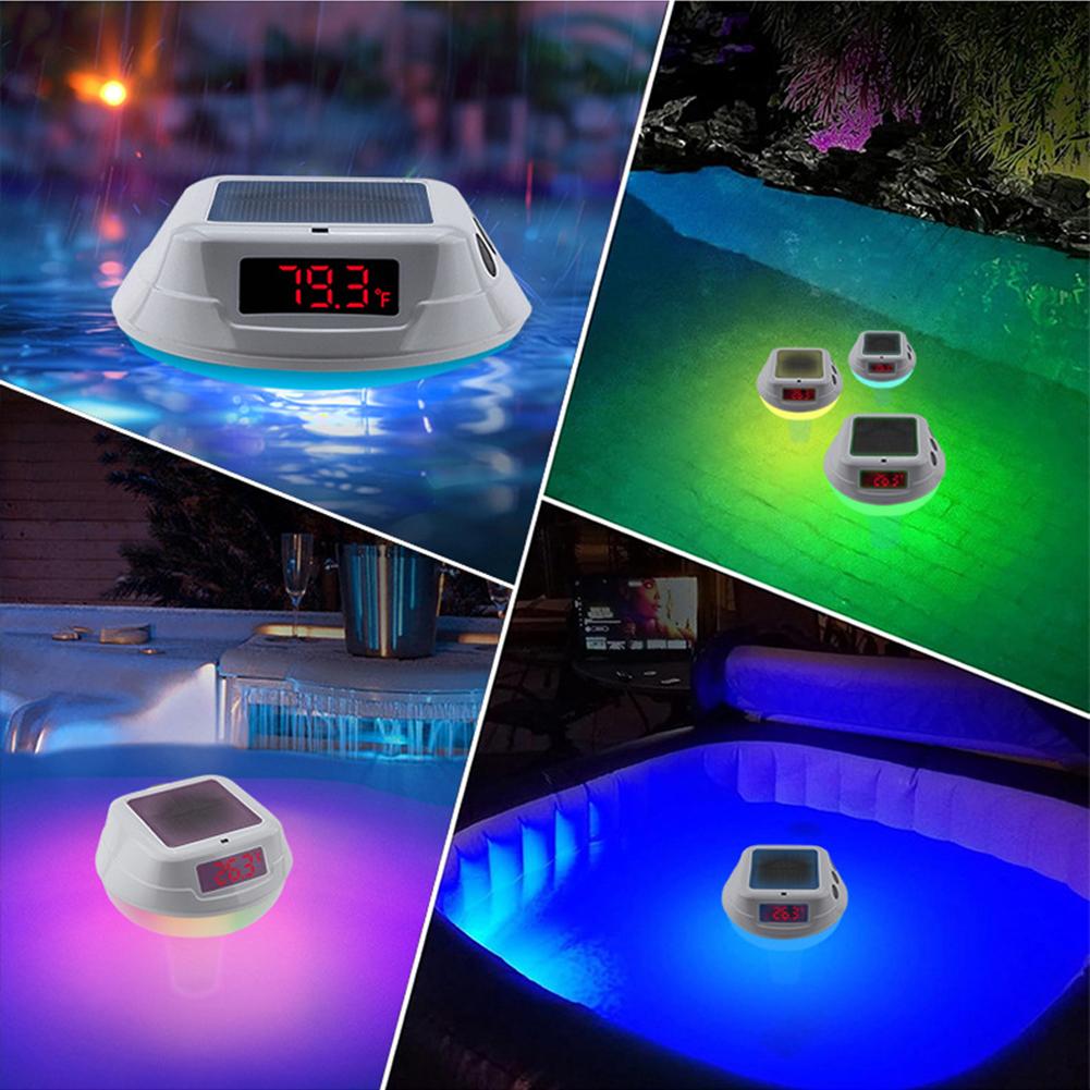 Solar Outdoor Pool Thermometer LED Display Floating Pool Thermometer with RGB Light Pool Tub Temperature Monitor Pool Supplies