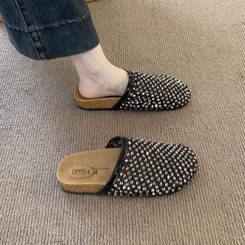 Rhinestone mesh bag head half slippers women's outer wear summer new fashion versatile lazy one pedal cool slippers