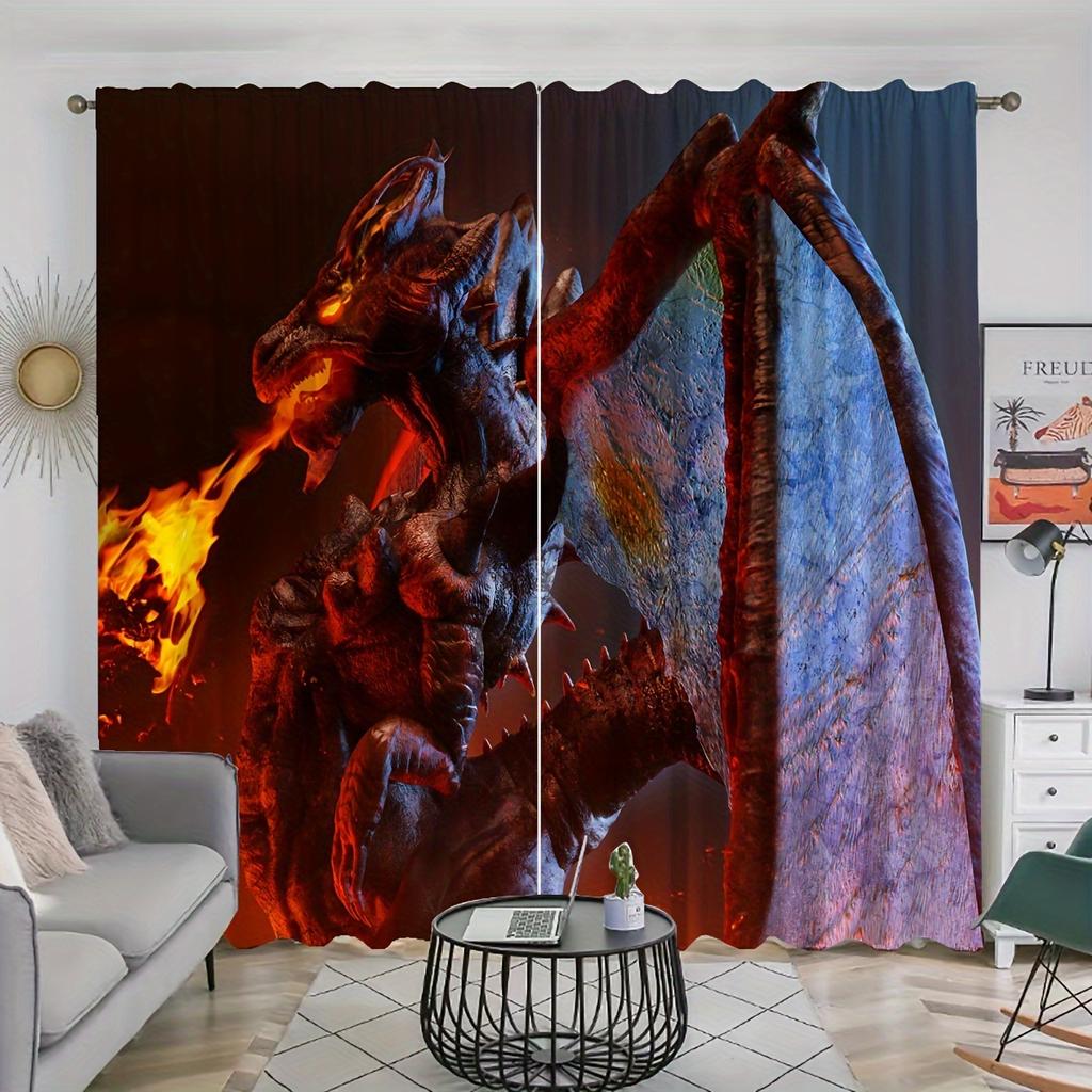2panels Dragon Print Curtains Rod Pocket Curtain For Restaurants Living Rooms Bedrooms Offices Study Rooms Home Decoration