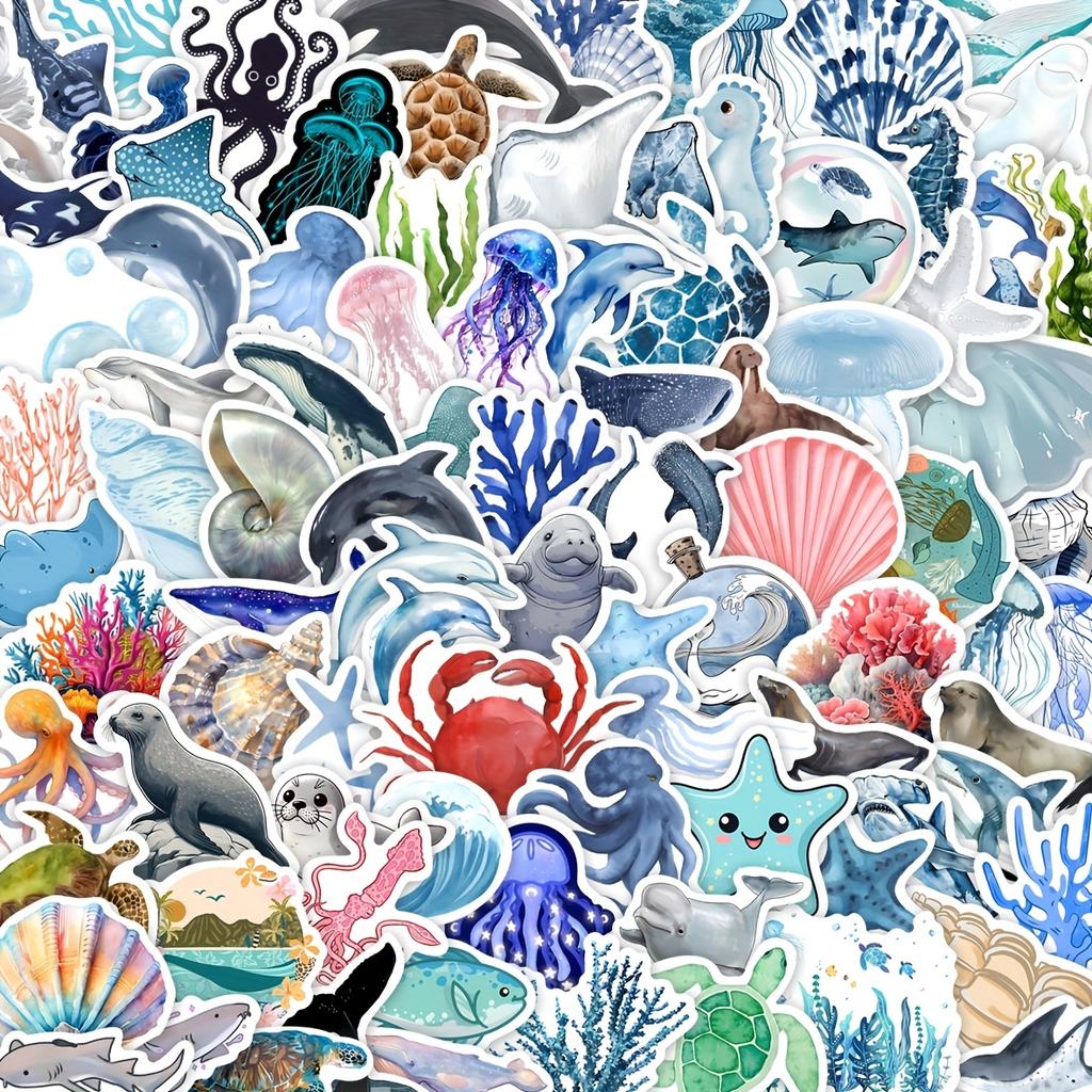 100pcs Ocean-Themed Marine Life Stickers PVC Decals with Dolphin Starfish Jellyfish Shells Coral Reefs Scrapbooking Stickers