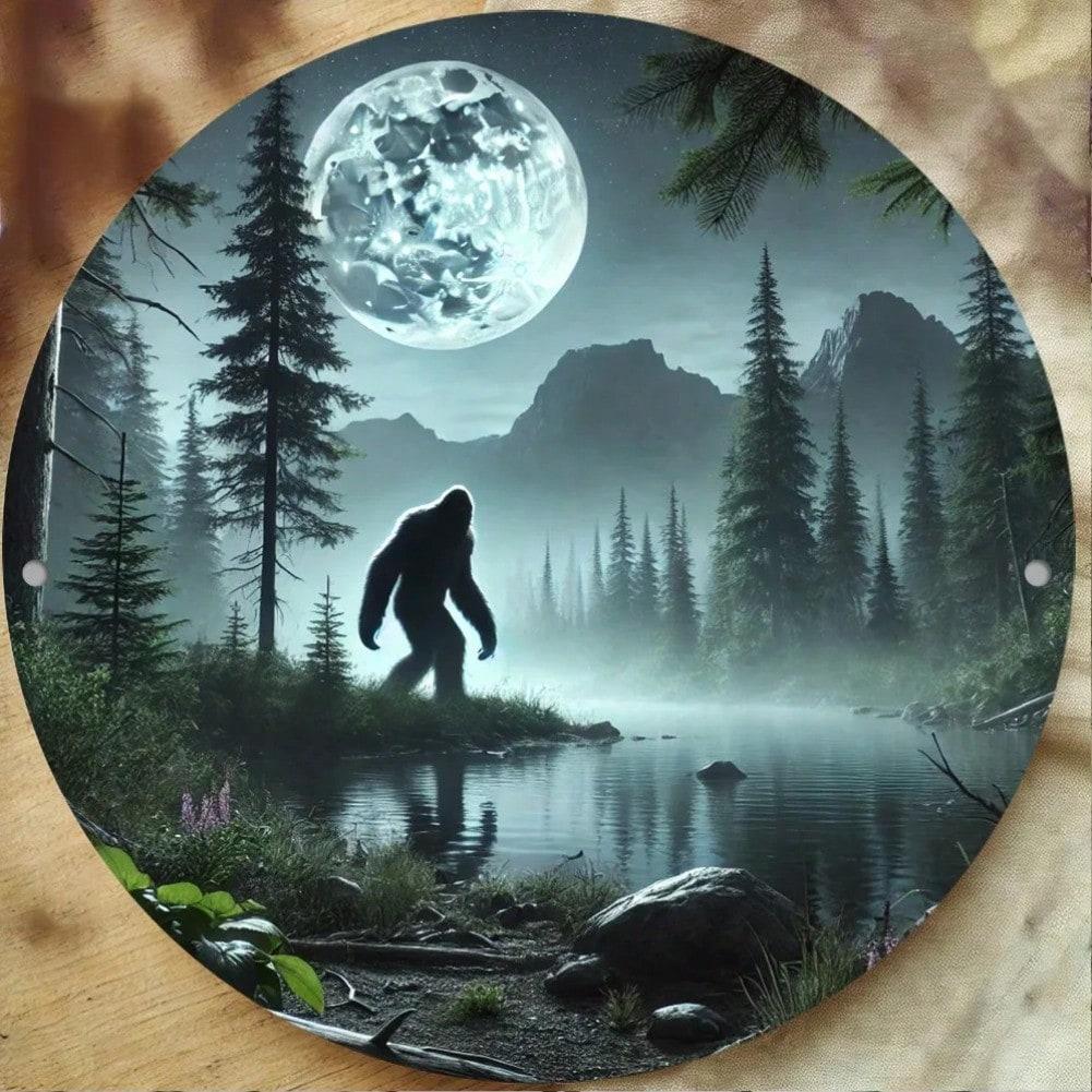 Vintage 2D Round Aluminum Sign Sasquatch Moonlight HD Print Waterproof Wall Art Decor