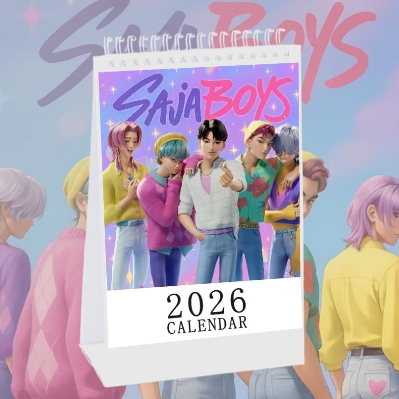

Kpop Охотники на демонов 2026 Настольный календарь Руми Мира Зои и Саджа Парни Аниме Принт Стоячий Перекидной Настольный Календарь на спирали Украшения