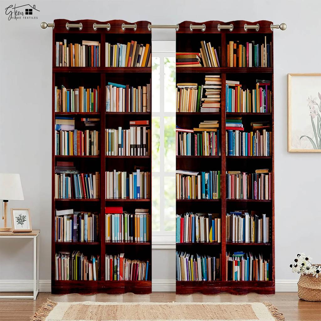 Retro Bokhylla 3D-tryckta Gardiner Sovrum Vardagsrum Kök Studierum Gardinkappa Maskintvättbar 2-delars set