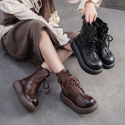 Echtleder Kurze Stiefel Runde Zehenpartie Dicke Sohle Vielseitig Seitlicher Reißverschluss Damen Plateauschuhe