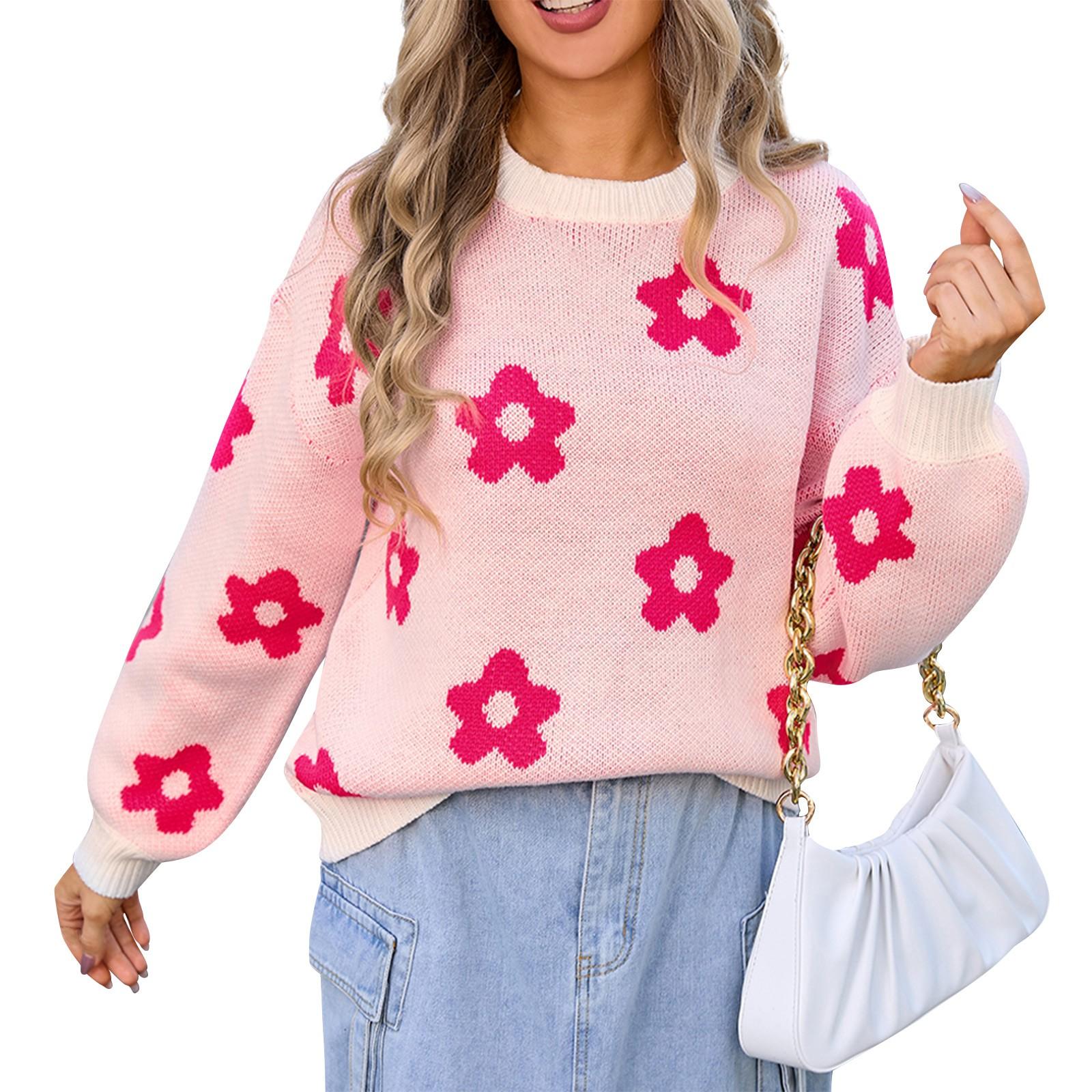 

Женский повседневный модный удобный пуловер с круглым вырезом контрастного цвета с цветочным принтом и длинным рукавом уличный тренд вязаный свитер S