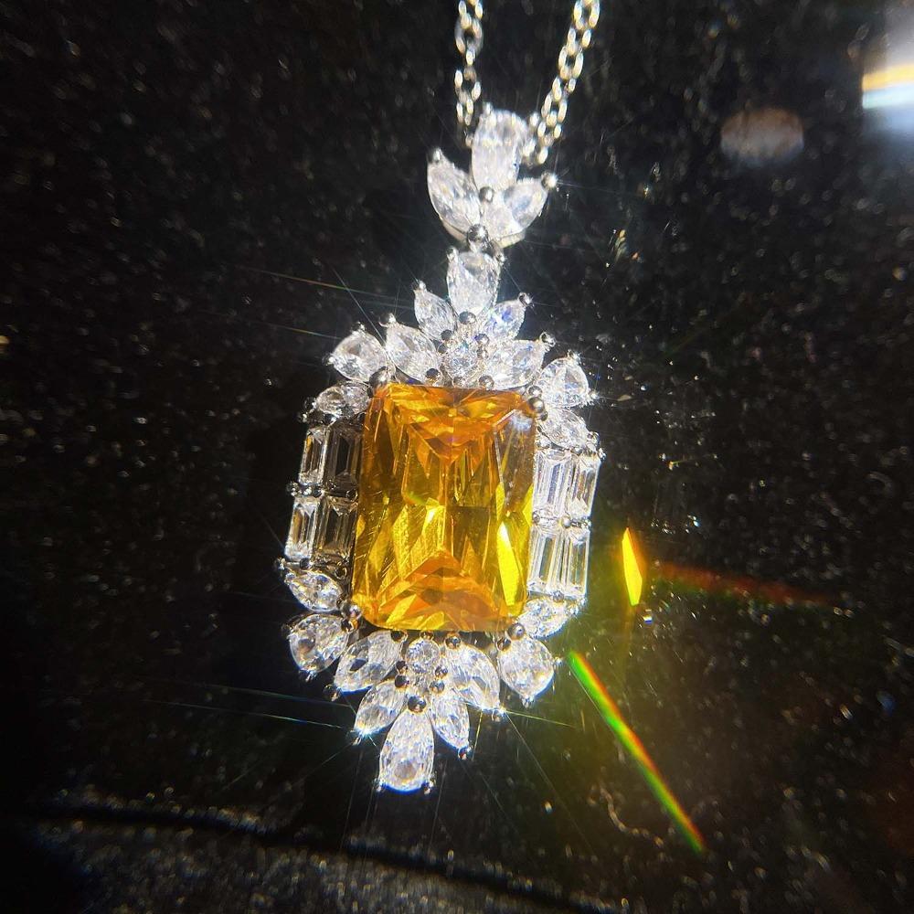 Dazzling Radiant Cut Emerald Yellow Diamond Crystal Necklace with Micro Pave Full Diamond Pendant