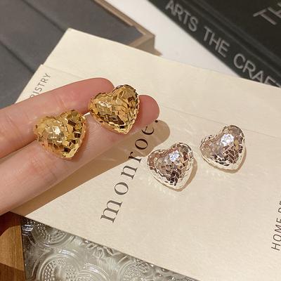 Real Gold Electroplated Crushed Ice Metal Love Stud Earrings Women's Commuter Versatile Earrings S Pure Silver Needle Ears