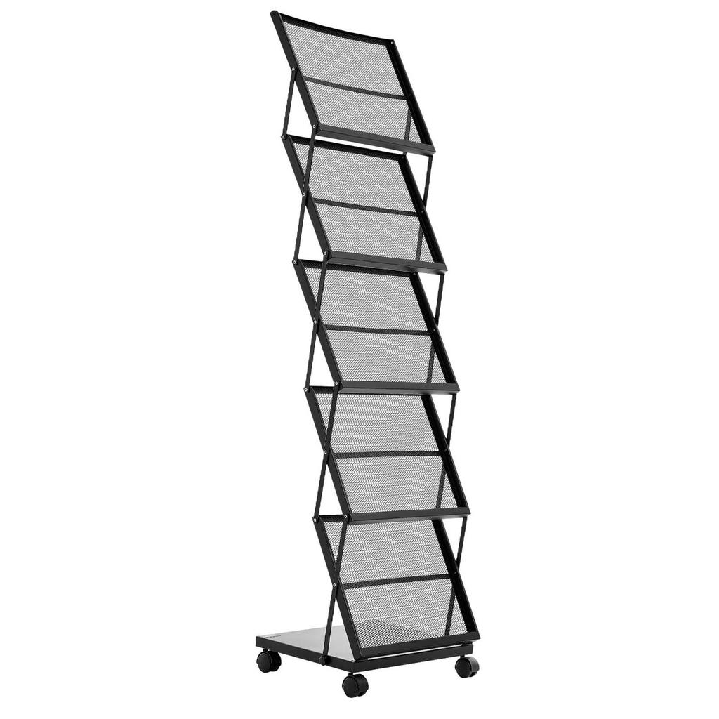Brochure Display Rack, Foldable 5 Pockets Magazine Literature Display Stand, Movable Floor Standing Magazine Rack with Wheels, Metal Newspaper Catalog