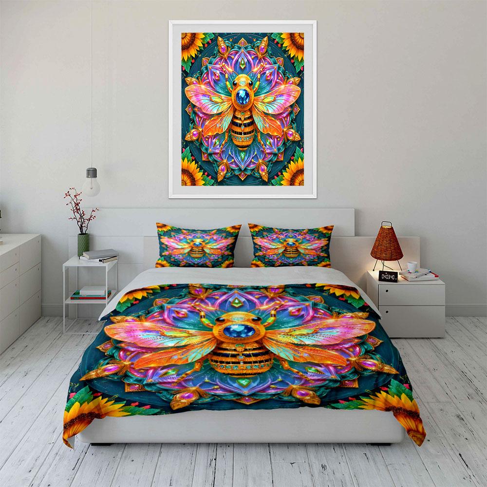 Ornate Gem-Studded Bee Art Printed Duvet Cover Set1 Duvet Cover+2 Pillowcasemulti Size Bedroom Bedding Decor Luxury Gifts