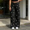 Girl's Bow Cherry Print Baggy Jeans, Wide Leg Mid Waisted Denim Pants, Zipper Fly Elastic Casual Jeans Streetwear with Pockets