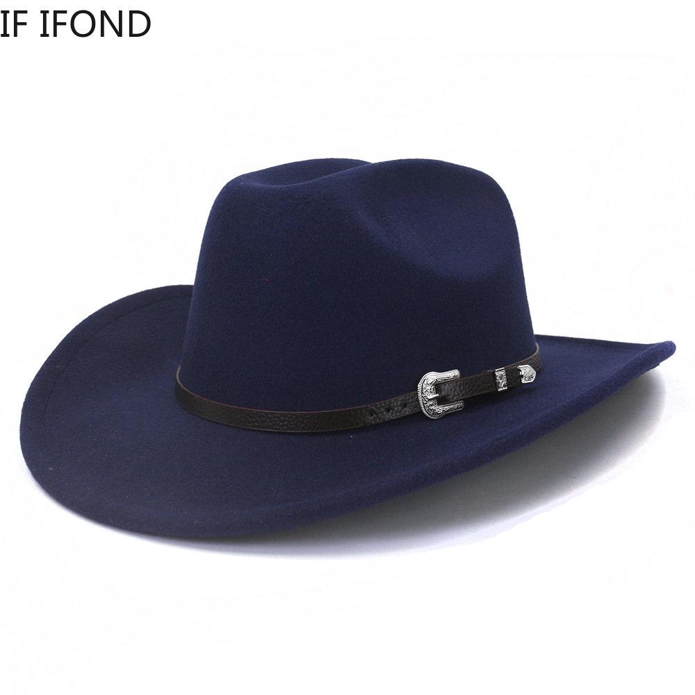 New Vintage Men Western Cowboy Hat With Belt Winter Autumn Roll Up Brim Cowgirl Jazz Church Cap Sombrero Hombre
