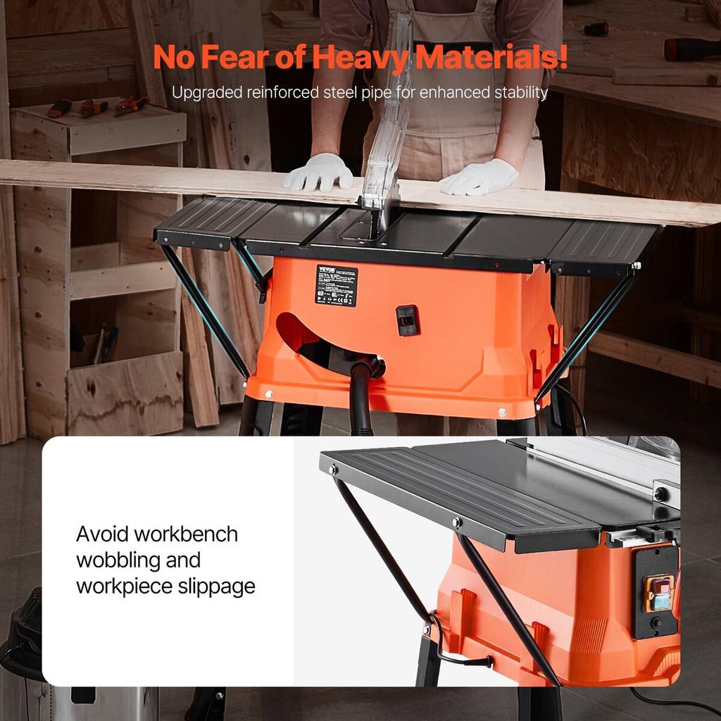 Table Saw with Stand, 1800 W Portable Compact Tablesaw, 254 MM Saw Blade O.D, 200 MM Max. Cutting Capacity, 4800 RPM Cutting Speed, With 24-tooth Saw