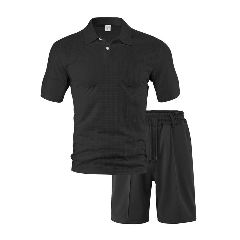 Summer Men Matching Outfit Sets Grid Texture Short Sleeve Polo Shirts Elastic Drawstring Casual Shorts Daily Beach Vacation Two Piece Tracksuit