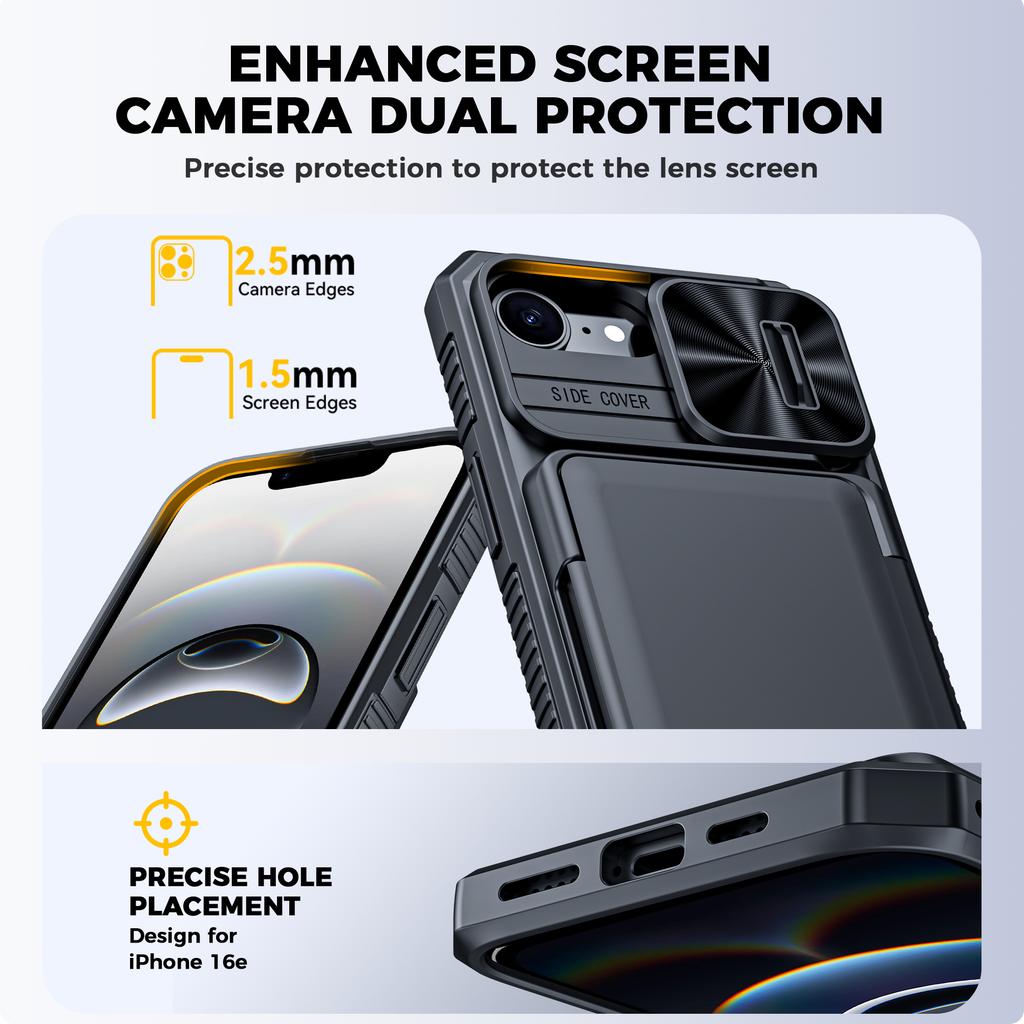 RFID-Blockierende Geldbörsenhülle mit Kartenhalter, ausziehbarer Kameraabdeckung, PC+TPU Schutzhülle für iPhone 16e/iPhone 17e - Schwarz