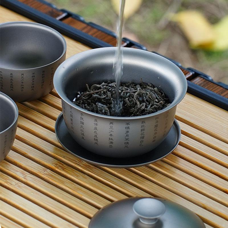 120ml Pure Titanium Sancai Gaiwan Set With 3 Tea Cups,Double-layer,Heat Insulation,Anti-scalding,Premium Gift,Outdoor Tea Set