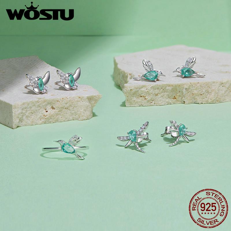 WOSTU 925 Sterling Silver Mint Green Hummingbird Opening ring for Women Drop Crystal Cute Bird Rings Party Jewelry Birthday Gift