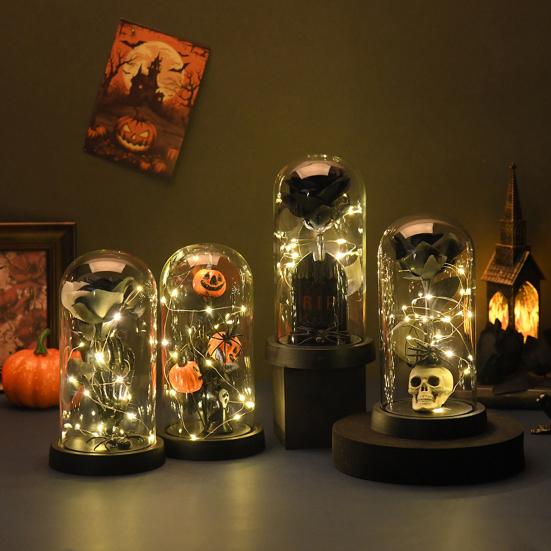 Preserved Black Roses in Glass Dome Halloween Light-up Eternal Flower in Cloche with Skull Pumpkin Statue for Home Kitchen Mantel Tabletop Decor