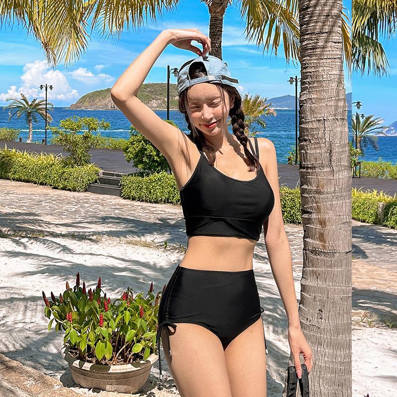 Korean Vintage Strap-On Hot Spring Bikini Swimsuit Women's Small Breasts Gather Slim Triangle Split Swimsuit