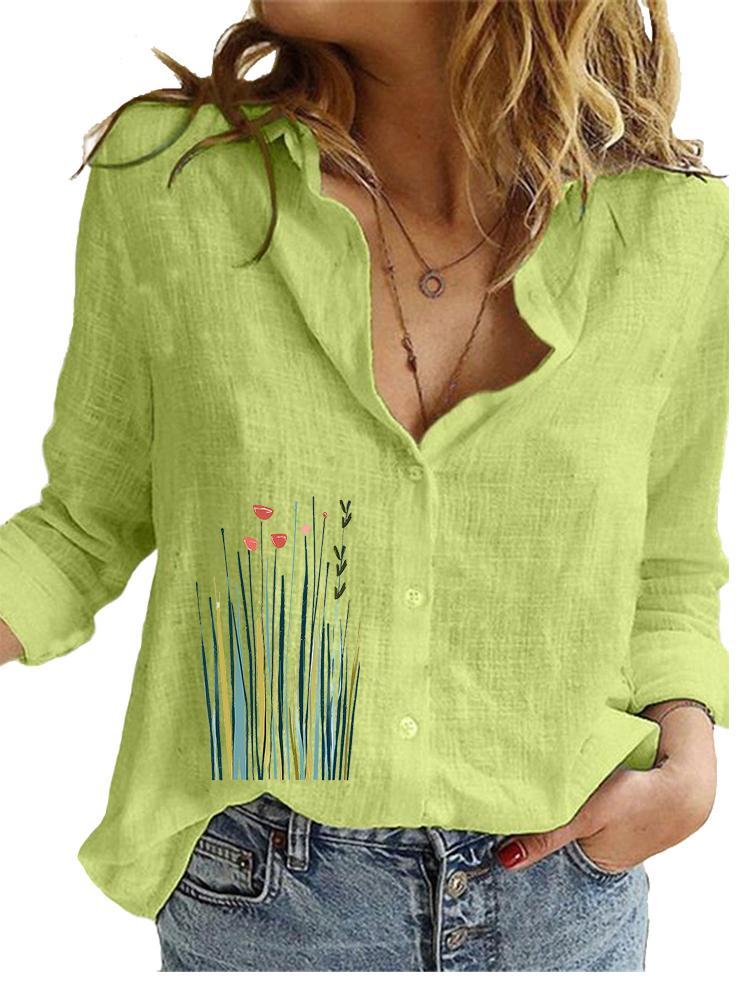 Blusa da Donna in Cotone e Lino alla Moda Primavera&Estate Top Casual Largo Camicia da Donna con Stampa Floreale a Manica Lunga