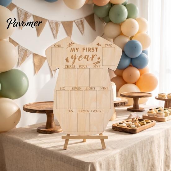Natural Log Photo Holder Wooden Baby Milestone Frame, My First Year Growth Picture Infant Onesie Shaped Newborn Monthly Memory Keepsake for