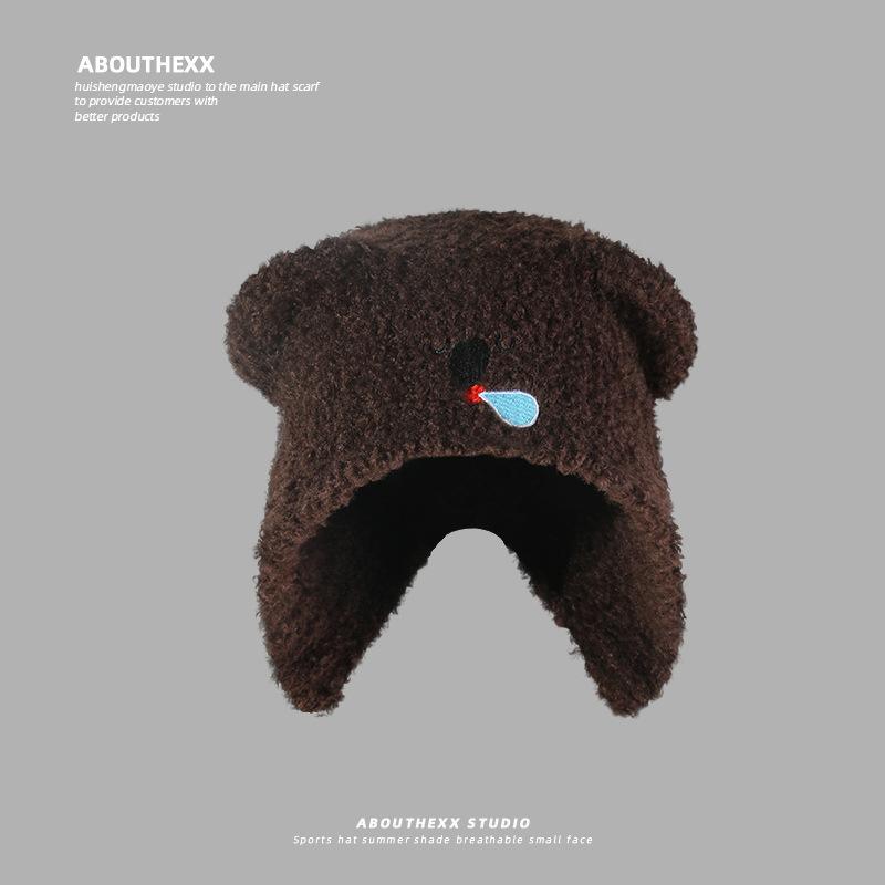 

Новый стиль женской плюшевой шапки с ушками медвежонка Снота, защищающей уши, маленькая и теплая вязаная шерстяная шапка, делающая лицо меньше осенью и зимой M（56-58cm）