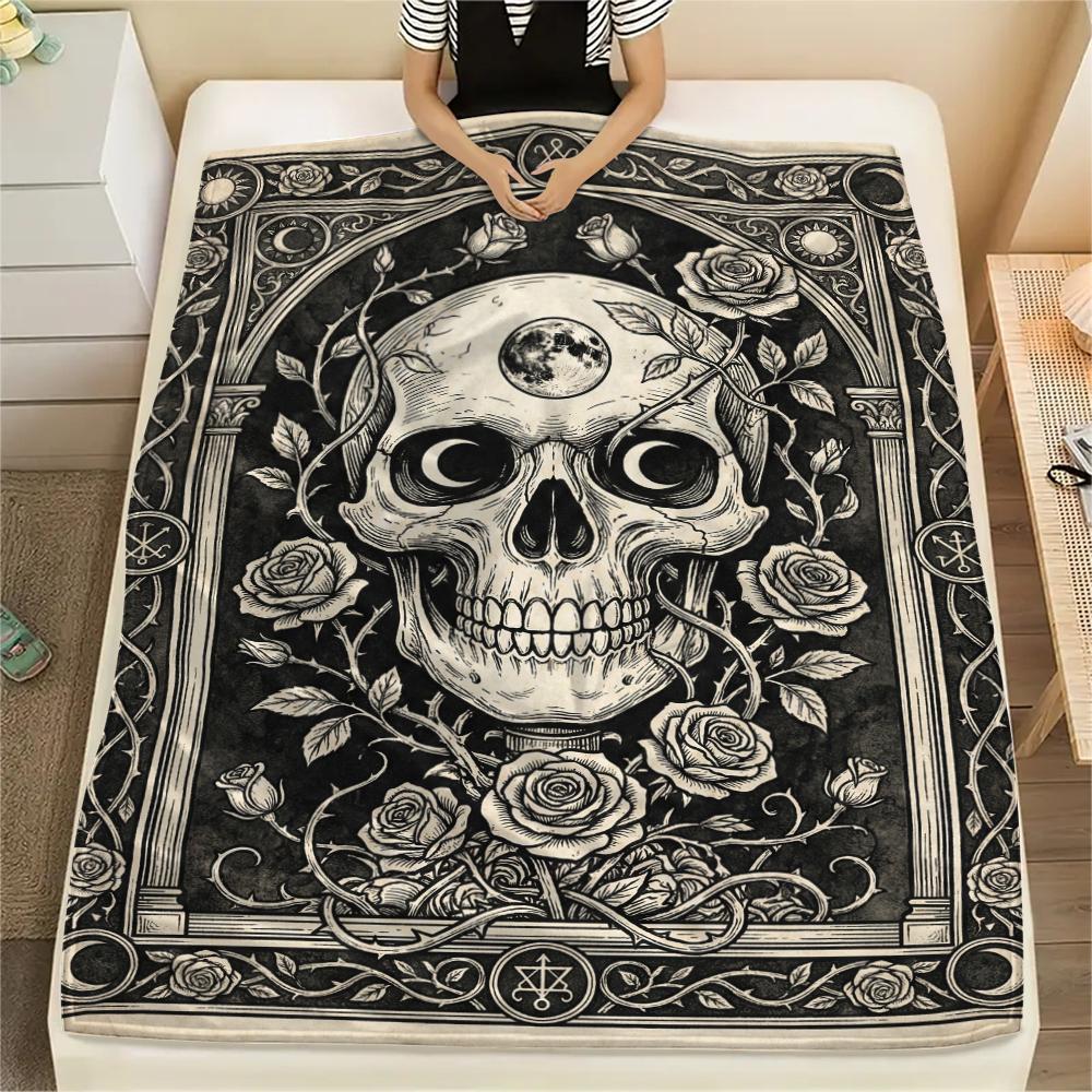 Skull Gothic Print Flannel Blanket, High Quality Comfortable for All Seasons, Home Decor, Warmth and Comfort, Perfect for Christmas Gifts102