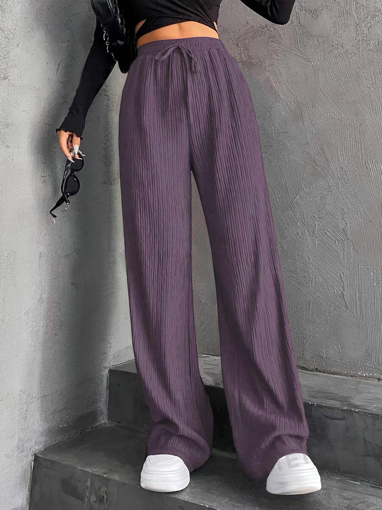 2026 Autumn/Winter Women's Solid Color Wide-Leg Pants: High Waist Drawstring with Elastic Waist for Casual Wear