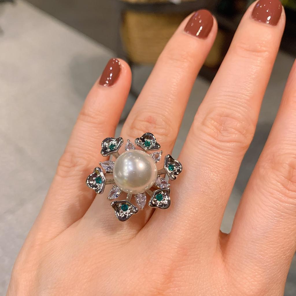 Tiktok Cross-border Australian Fritillary Pearl Micro Inlaid Green Ring Fashion Adjustable