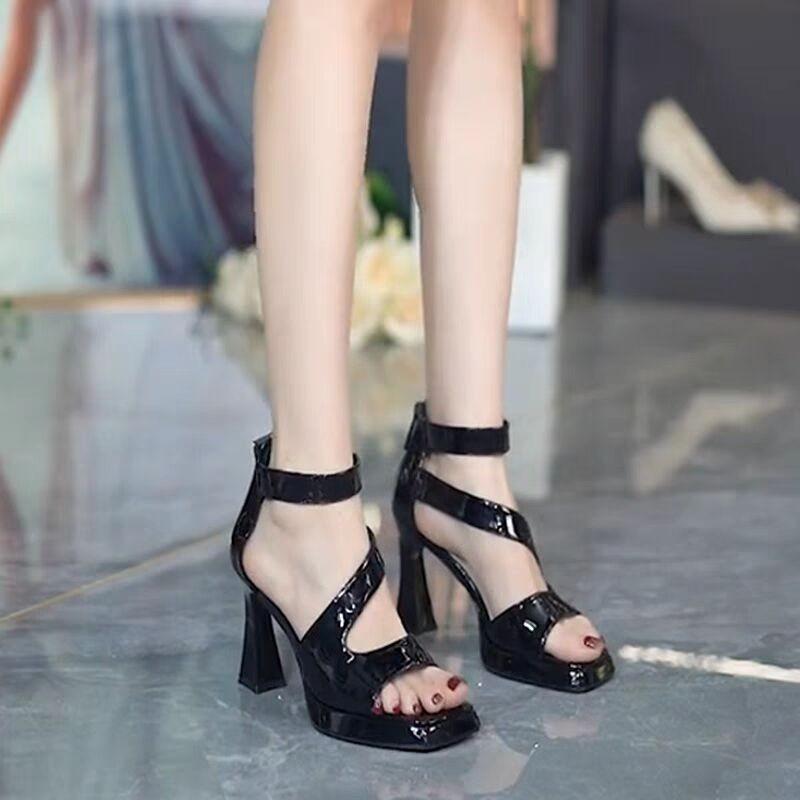 Ladies' Sexy Temperament Thick High Heels Shoes Fashionable Bags Zippered Women Shoes Comfortable Breathable Square Sandal