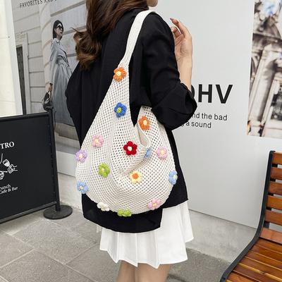 Woven Bag Women's New Shoulder Tote Bag Lazy Wind Knitted Hollow Flower Beach Bag