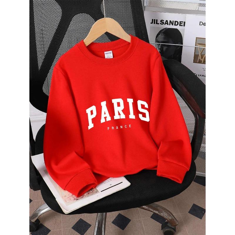 European sizes Crewneck Sweatshirt for Girls with Paris France Arch Design in White, Soft Comfy Sportswear for Children & Teens