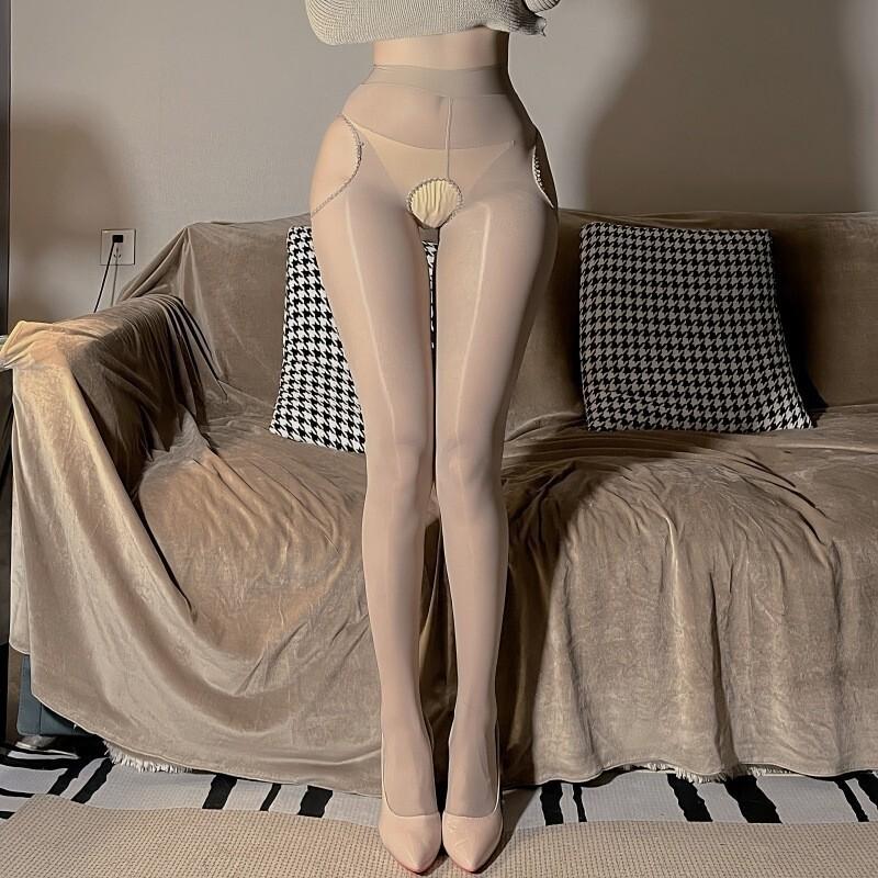 Oily Silk Stockings Jumpsuit Horse Oil Stockings Silky Smooth Shiny Women's Leggings Four Sided Open Cut Black Silk Black YE32