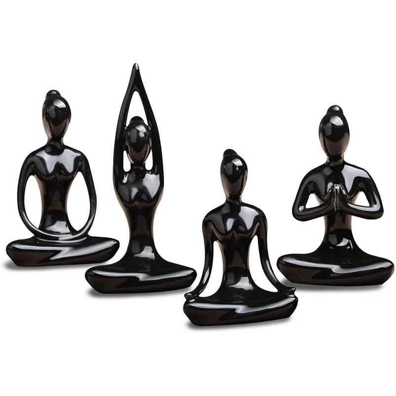 OwMell Lot of 4 Meditation Yoga Pose Statue Figurine Ceramic Yoga Figure Set Decor - Patina Gold