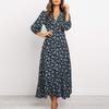 Abiti autunnali da donna in chiffon con stampa a V, maniche lunghe e vita alta
