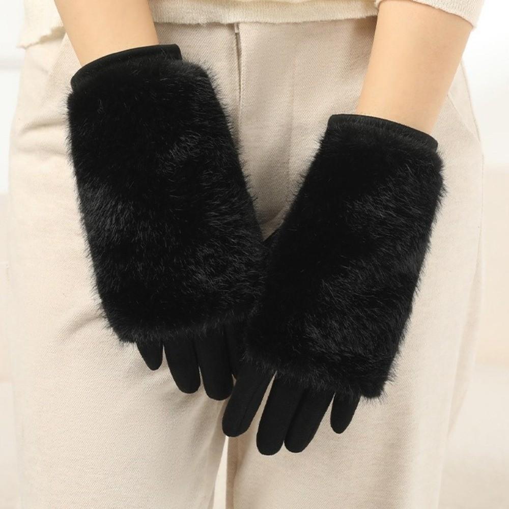 Solid Color Suede Gloves Rabbit Faux Fur Thermal Mittens Elegant Women Winter Gloves Party