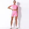 Women Seamless Tight Sports Fitness O Neck Short Sleeve Solid Color Shorts Yoga Suit