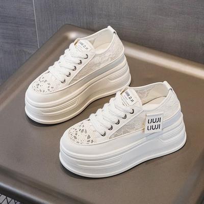Muffin Net Shoes Women's Mesh Surface Is Hollowed Out, Light and Thin, Autumn New Thick-soled Lace Inner Height Increase, White Shoes Women