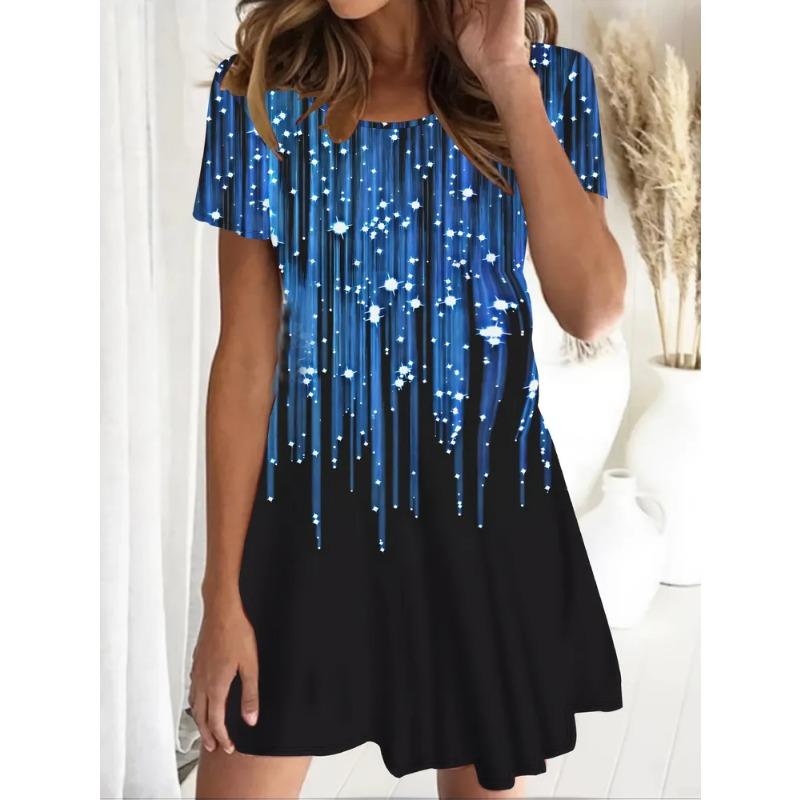Sommer Damen 3D-Druck Rundhals Kurzarm Kleid Mode Vielseitig Trend Atmungsaktiv Lässig