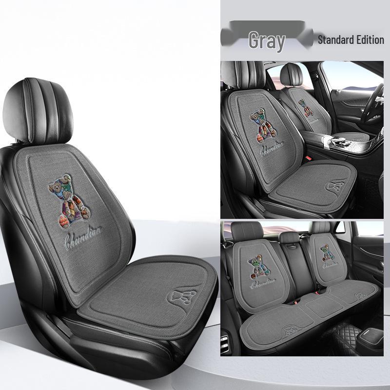 Four Seasons Universal Linen Car Seat Cushion - Cartoon Bear, Breathable, Half-Wrap Rear Seat Cover