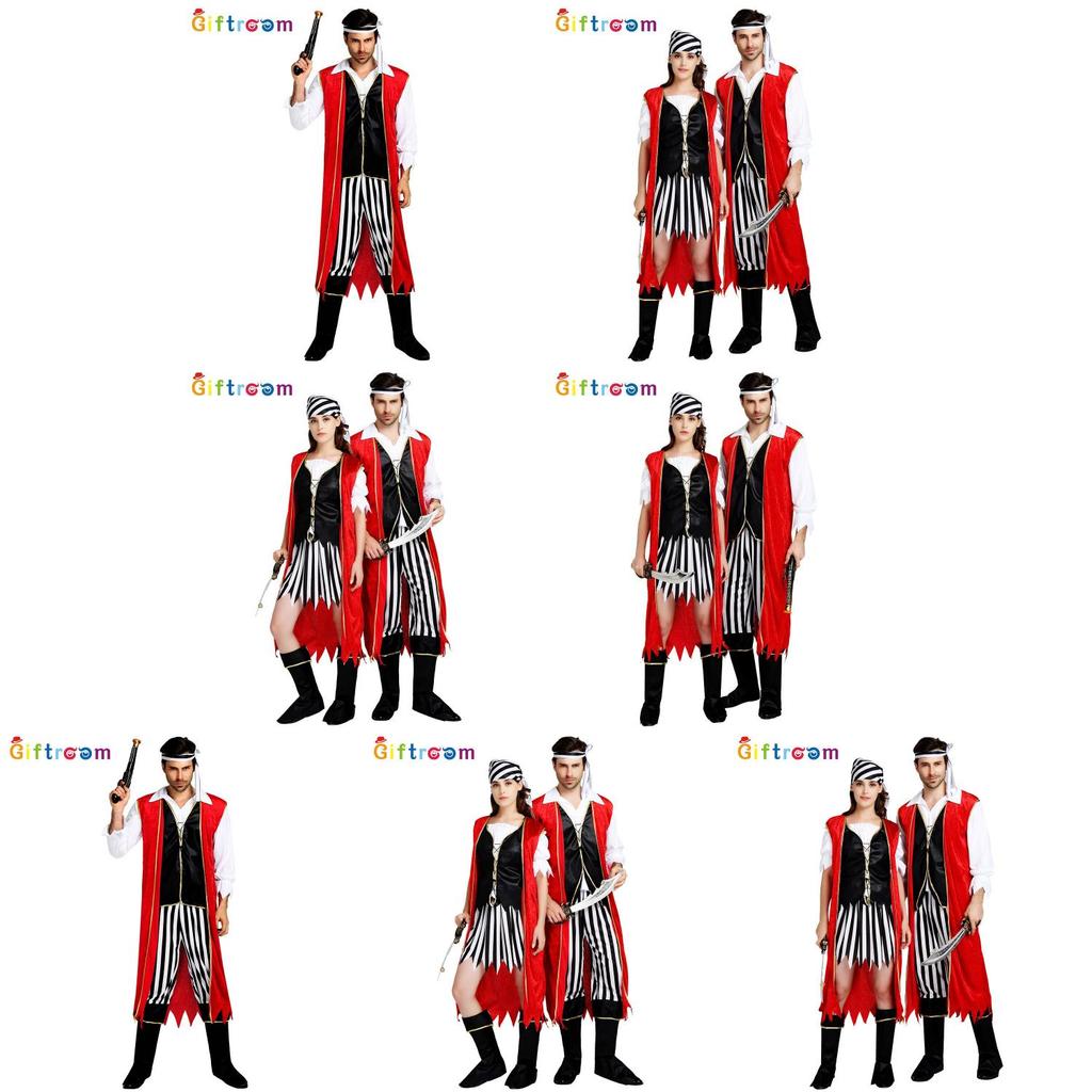 תחפושת פיראטים אלגנטית ומסוגננת לזוגות למסיבות ליל כל הקדושים עם גלימה אדומה