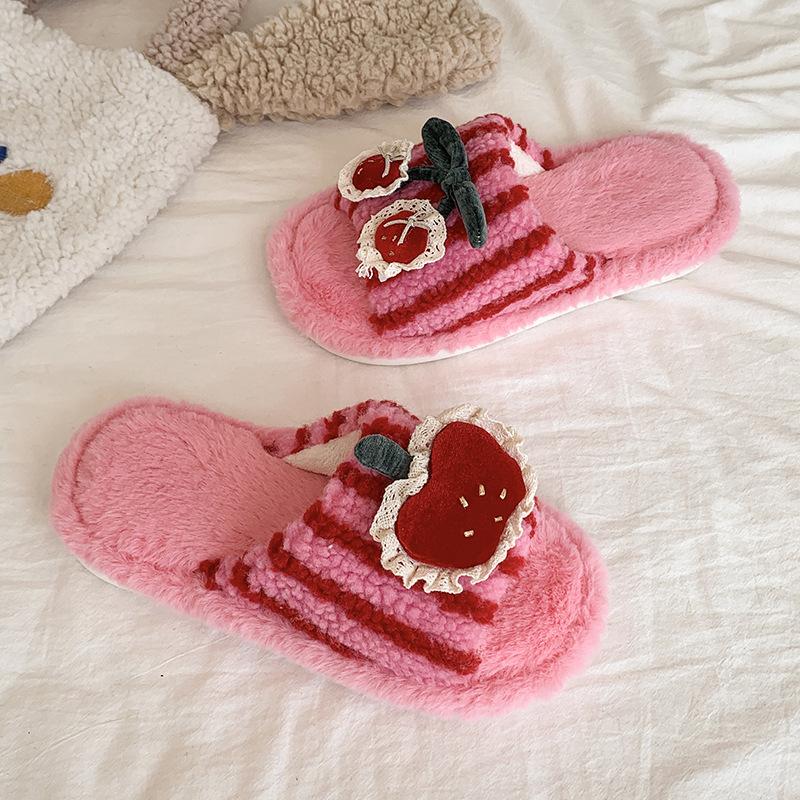 Thick-bottomed Cute Cherry Premium Fluffy Slippers for Women To Wear 2025 Autumn and Winter New Velvet One-word Fluffy Slippers for Women