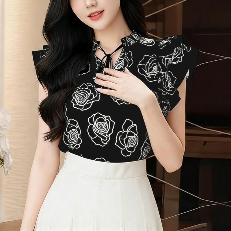 ZANZEA Womens Casual Round Neck Ruffles Short Sleeve Loose Print Blouse
