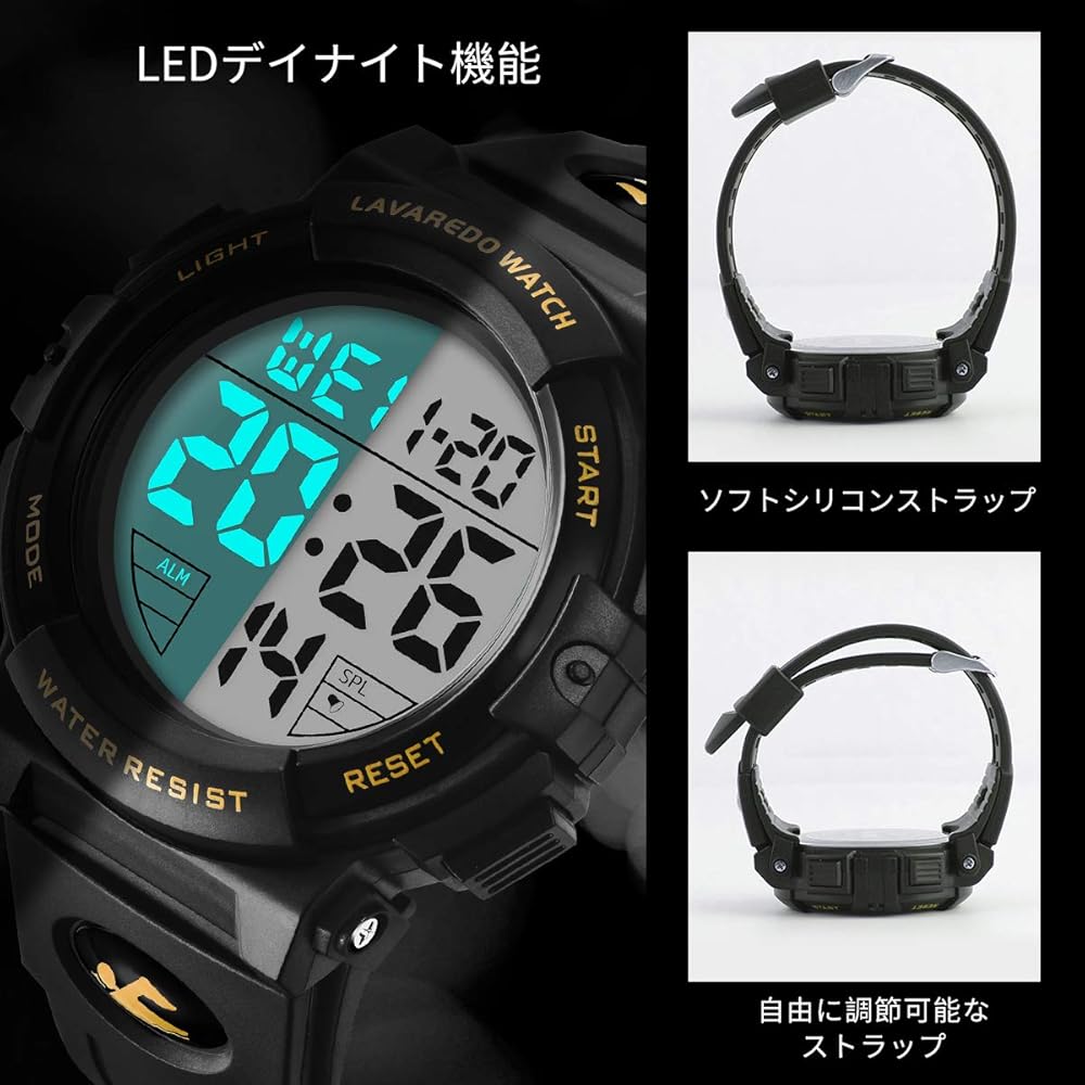 Senors Men's Digital Sports Watch 50m Waterproof Multi-Function LED Display Outdoor Watch Gold
