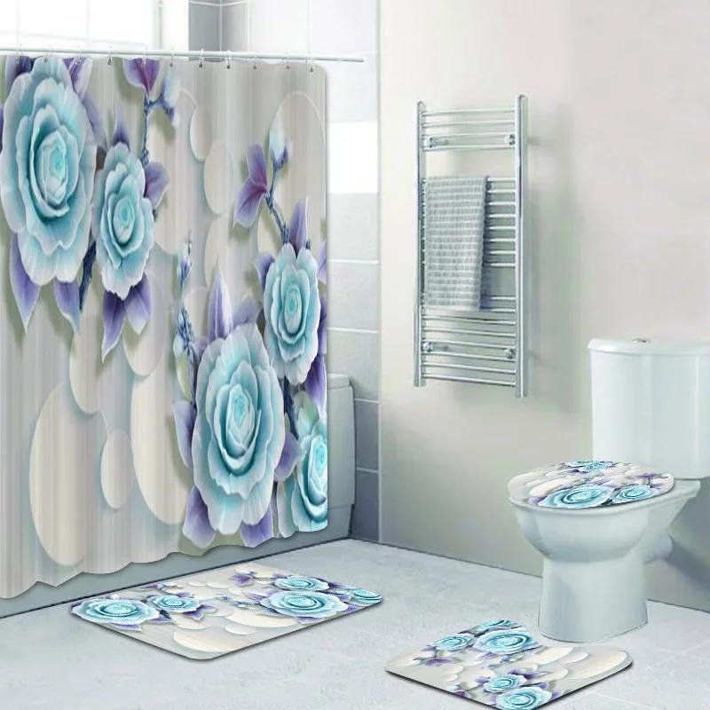 Elegant Bouquet of Fantastic White Flowers 3D Style Shower Curtain Bathroom  with Bath Rug Carpet Set Floral Home Decor