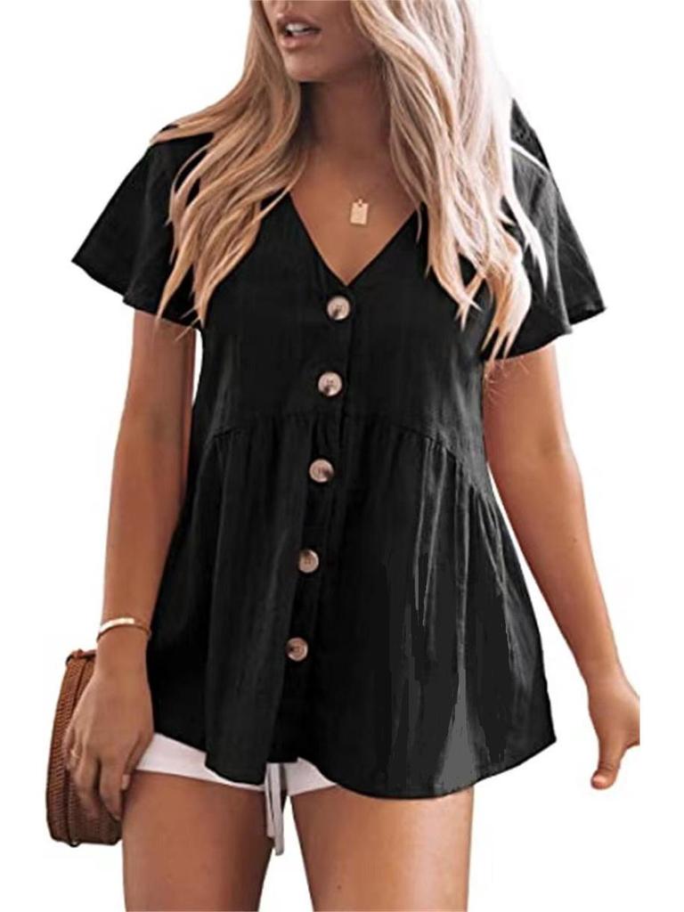 European Summer Women's V-neck Cotton Linen Shirt Dress - Short Sleeve, Pleated, Solid Color Beach Cover-up