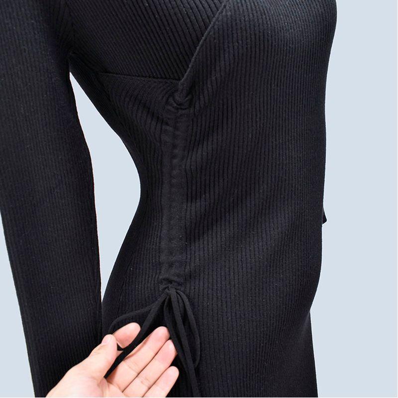 Fall and Winter New Arrival Slim-Fit High Waist Figure Flattering Shoelace V-neck Sexy Slit Knitted Skirt Base Long Sleeves Dress Women